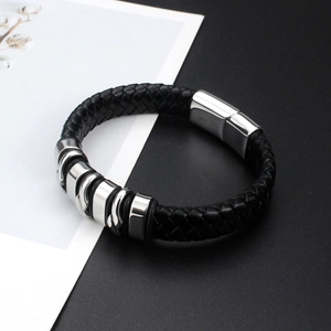 Men's punk black braided leather bracelet with five silver stainless steel charms