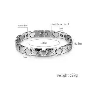 Bracciale benessere in acciaio inossidabile con ematite e maglie a cuore con cristalli