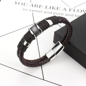 Men's double-layer brown woven leather bracelet with polished stainless steel magnetic clasp