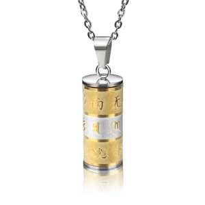 Polished gold and silver rotating cylinder sutra pendant necklace with lotus design