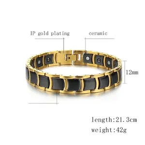 Men's 12mm black ceramic and gold-plated stainless steel magnetic therapy bracelet