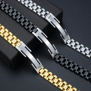 Detailed view of titanium steel watch-band bracelets in gold, black, and silver finishes