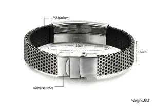 Bracelet pour hommes en cuir PU noir et acier inoxydable, longueur 19cm et largeur 15mm