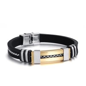 Men Fashion Silicone Stainless Steel Bracelet With Chain Inlay Gold Silver Tone Sporty Jewelry Accessory For Daily Wear