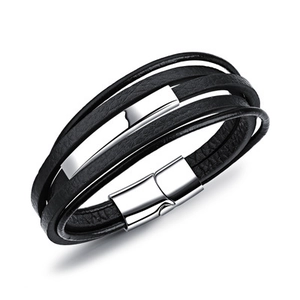 Men's Vintage Multi-layer Leather Bracelet Stainless Steel Metal Bar Magnetic Clasp Braided Cowhide Wristband Punk Jewelry Gift