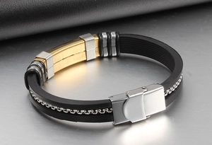 Men's fashion silicone bracelet with gold metal plate and silver chain inlay