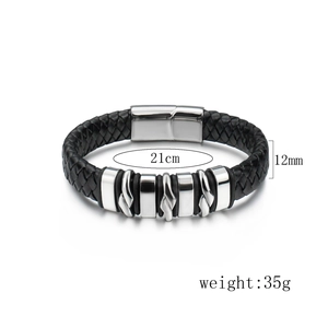 Men's black woven leather bracelet with stainless steel magnetic clasp and 21cm length