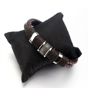 Men's double-layer brown braided leather bracelet with polished stainless steel accents