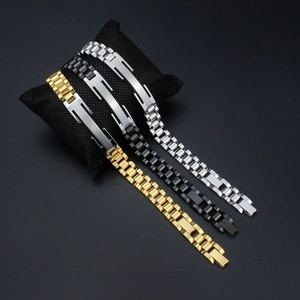 Detailed view of titanium steel watchband bracelets in gold, black, and silver finishes