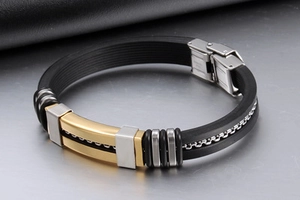 Men's silicone bracelet with gold-silver chain inlay and stainless steel buckle