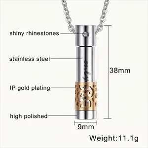 Polished stainless steel cylinder perfume pendant necklace with gold accents and only engraving