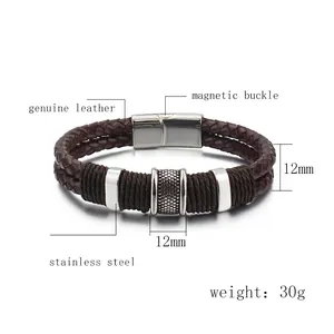 Double-layered brown braided leather bracelet with stainless steel magnetic clasp and rings