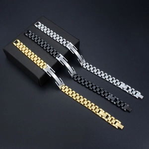 Men's titanium steel watch strap style bracelet in gold, black and silver finishes