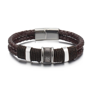 Vintage Men Leather Braided Bracelet Stainless Steel Magnetic Clasp Brown Multi Layer Wrap Wristband Jewelry Gift