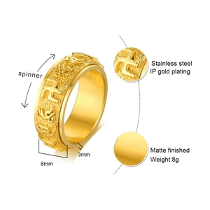 Detail of 8mm gold spinner ring with matte finish and rotating swastika pattern