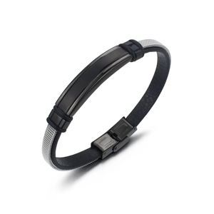Detail of black leather bracelet showing the stainless steel buckle and metal mesh texture