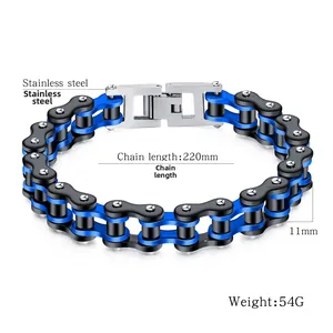 Detail view of 11mm wide stainless steel bicycle chain bracelet in black and blue