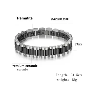 Detail of 13mm wide ceramic and steel therapy bracelet with black magnetic stones
