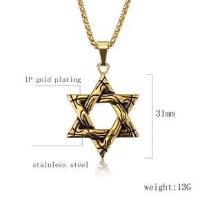 Pendentif hexagramme plaqué or IP en acier inoxydable avec design étoile de David 31mm