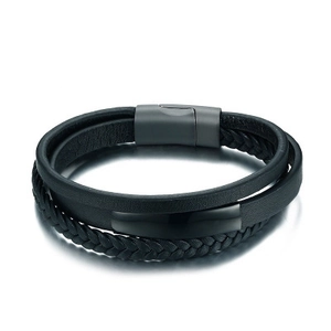Bracelet Multicouche en Cuir Tressé pour Hommes Avec Fermoir Magnétique en Acier Inoxydable Brossé Noir Bijoux Urbains