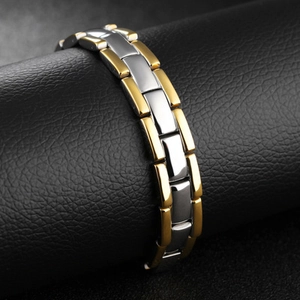 Bracelet classique bicolore argent et or en acier inoxydable pour homme sur socle cuir