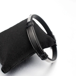 Men's fashion bracelet featuring black brushed metal, silver steel mesh, and leather strap