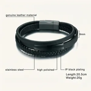 Bracelet pour homme en cuir noir multicouche de 20,5 cm avec fermoir en acier inoxydable