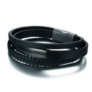 Bracelet triple épaisseur en cuir noir pour homme avec fermoir en acier mat