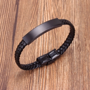 Bracelet tressé en cuir noir pour homme avec fermoir en acier inoxydable noir mat