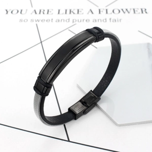 Men's leather bracelet with steel mesh weave and rectangular black matte metal plate