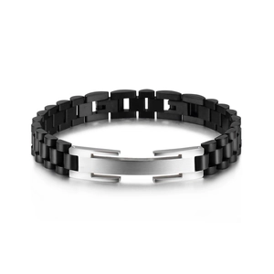 Men's titanium steel bracelet with black watch band links and silver brushed plate