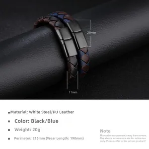 Detail showing braided PU leather bracelet set with stainless steel magnetic clasp dimensions