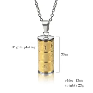 Religious cylinder pendant necklace with gold plated Buddhist mantra and lotus patterns