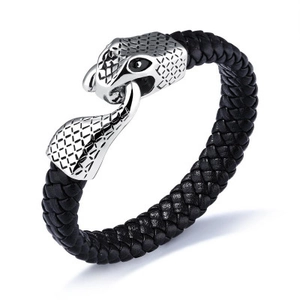 Vintage Men Genuine Leather Bracelet With Stainless Steel Snake Head Clasp Woven Punk Style Wristband Fashion Jewelry Gift