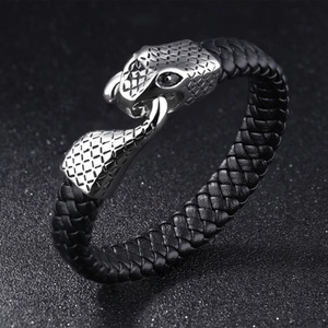 Men's black braided leather bracelet featuring a silver stainless steel snake head clasp