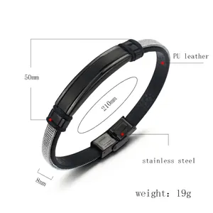 Men's trendy woven PU leather bracelet with stainless steel clasp and detailed dimensions
