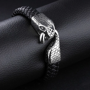 Men's black braided leather bracelet featuring a silver stainless steel snake clasp