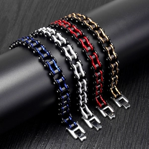 Polished stainless steel motorcycle chain bracelets for men in four two-tone color styles