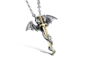 Detail of a dragon wrapped around a golden sword pendant in bimetal stainless steel