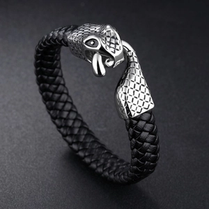 Men's punk braided leather bracelet featuring a silver stainless steel snake head clasp