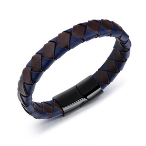 Men's navy and brown braided leather bracelet with glossy black magnetic metal clasp