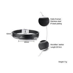 Detail view of microfiber leather bracelet with matte stainless steel plate dimensions