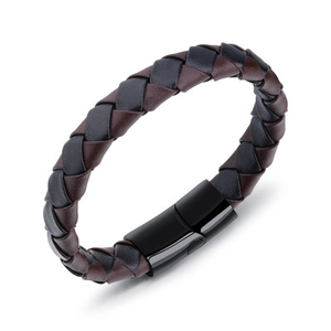 Men's dual-tone woven leather bracelet with black magnetic clasp on white background