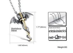 Macro detail of gothic stainless steel dragon and golden sword pendant with dimensions