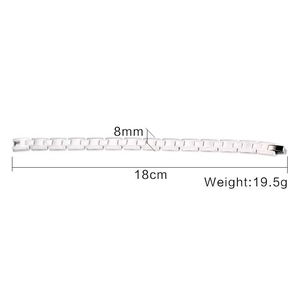 Detail view of silver H-link bracelet showing 8mm width, 18cm length and 19.5g weight