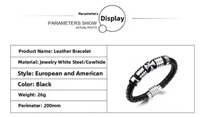 Men's woven leather bracelet with cross charms, 200mm length and 26g weight details