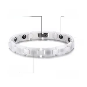 White ceramic link bracelet with hematite stones and stainless steel clasp, 8mm width