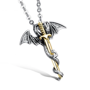 Vintage Gothic Dragon Wrapped Sword Pendant Necklace Men Stainless Steel Punk Rock Jewelry Two Tone Gold Silver Dragon Sword Necklace