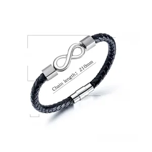 Detailed view of men's infinity leather bracelet with 210mm length and 6mm width specs