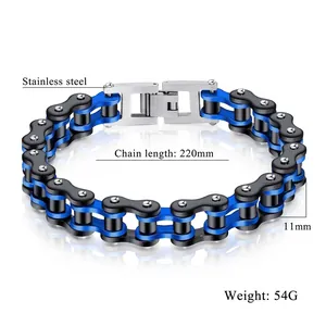 Men's stainless steel bicycle chain bracelet in blue, black and silver finish